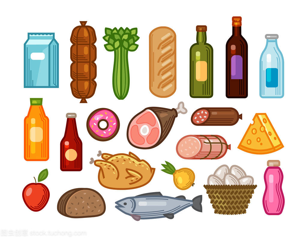 食物和饮料的图标集。食品杂货店购物的概念。平面设计风格绘制的矢量图