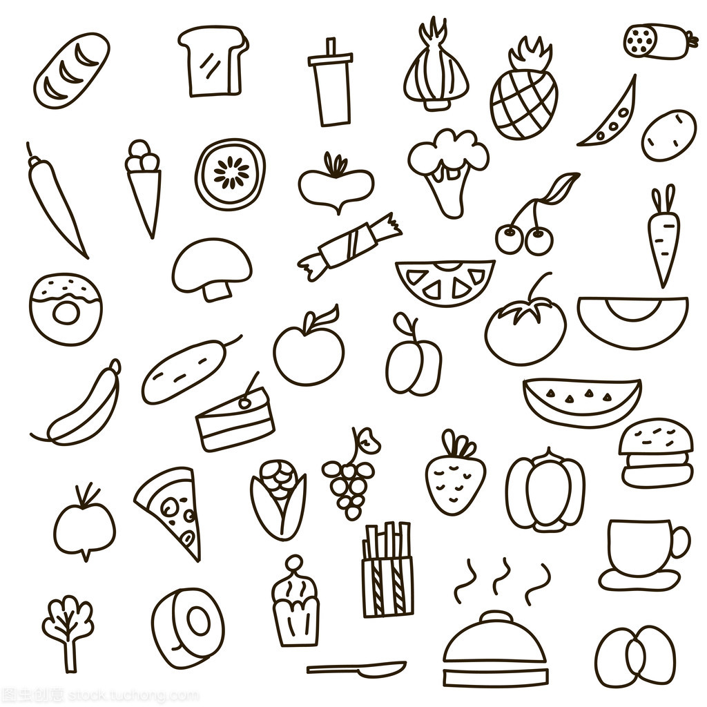 图标的水果、 蔬菜和食物的手绘涂鸦风格。矢量图
