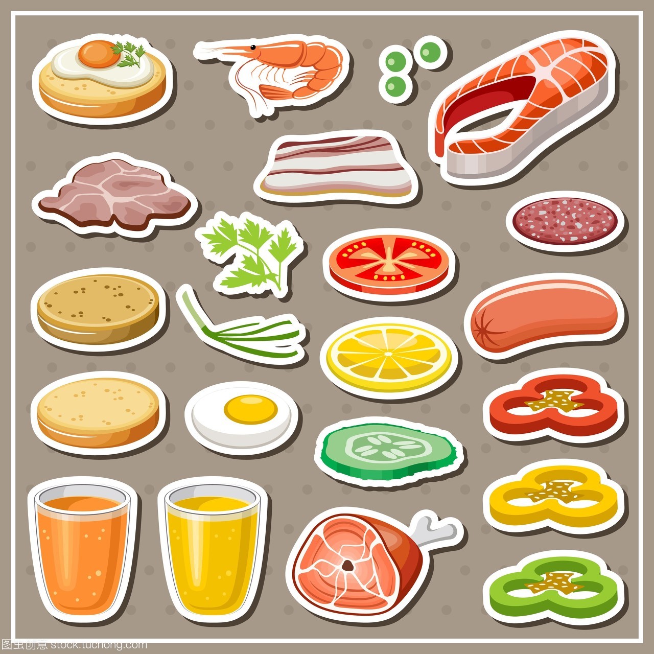 食品标签的集合。蔬菜,零食,饮料。矢量图